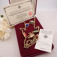 Vintage Camrose & Kross JBK Speckled Cabochon Clear Crystal Long Necklace In Box