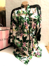 Victoria's Secret Kimono Luxe Satin Lace Short Robe Tropical Leaf Floral NWT