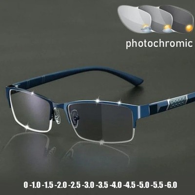 Business Men's Photochromic Myopia Glasses Unisex Half Frame Square Near