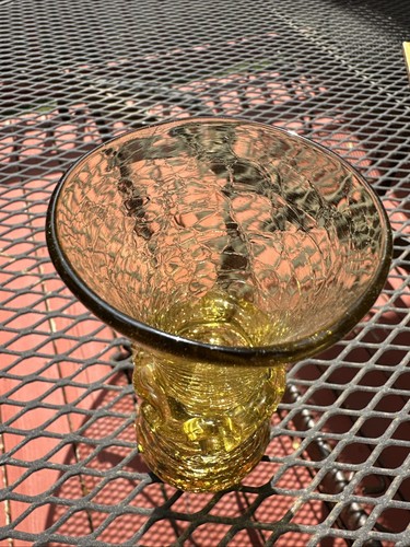 Vintage Hand Blown Art Bud Vase Yellow Crackle Glass Decor 5" - Picture 3 of 3