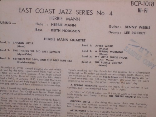 Herbie Mann East Coast Jazz 4 Bethlehem BCP 1018 PROMO DJ 10" 1954 1st press - Picture 5 of 6