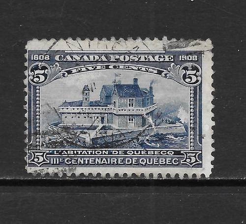 CANADA SCOTT 99 USED FINE - 1908 5c DARK BLUE ISSUE - CHAMPLAIN'S HOME - Picture 1 of 2