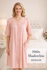 Vintage 1960s Shadowline Pink Nylon Housecoat Duster Robe Lace Trim USA Medium