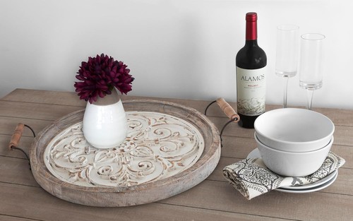 Hillrose 18" Round Wooden Tray, Rustic Brown/White Decorative Serving & Display - Picture 4 of 11