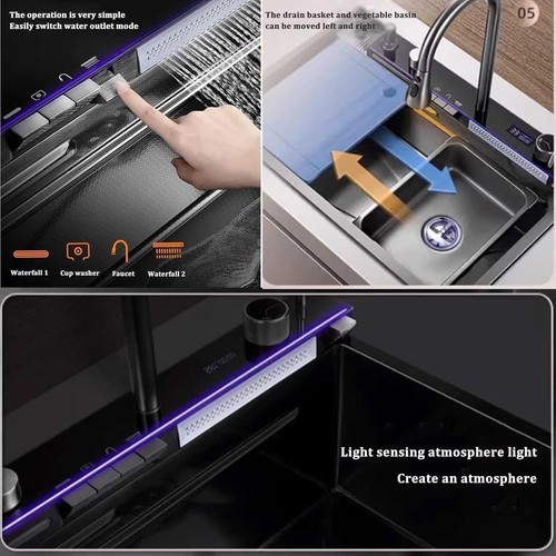 Juego de Grifo de Cocina LED de Acero Inoxidable Fregadero Empotrado Cascada 75*46cm - Imagen 8 de 17