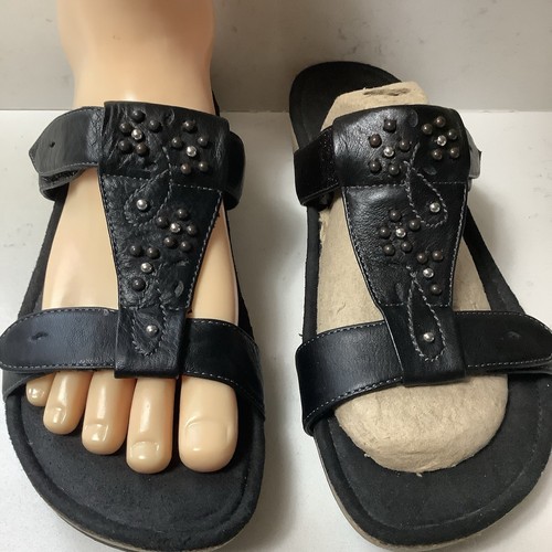 Aetrex Sandalistas Black Beaded Leather Slide Sandal Extra Comfort Cork Heel 7.5