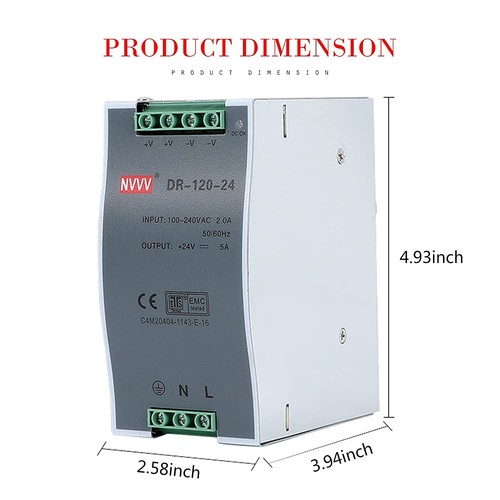 NVVV DR-120-24 AC to DC DIN-Rail Power Supply, 24V, 5 Amp, 120W, 1.5 inches, ... - Bild 5 von 7