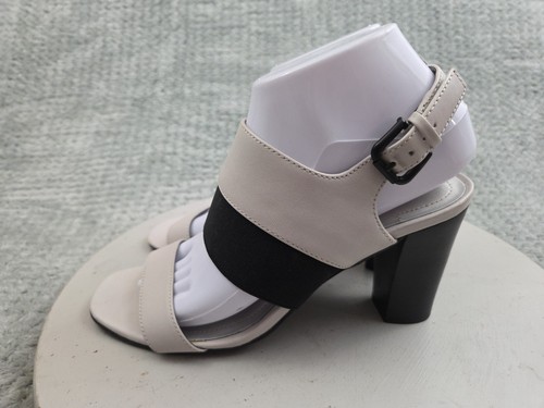 Tahari Peace Block Heel Sandals Womens Size 8 Gray Black Leather Open Toe - Picture 2 of 10
