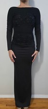 Elegant Black Long Sleeve Evening Gown with Floral Lace Applique  Open Back