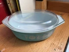 PYREX 045 Turquoise White Oval Glass Casserole 2 1/2 Qt With Lid USA Vintage
