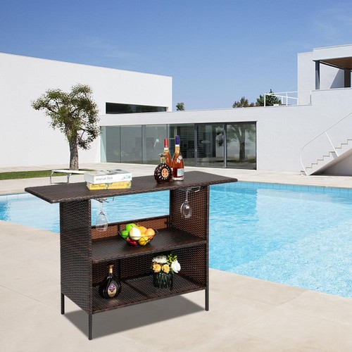 Rattan Wicker Bar Counter Table Shelves Garden Patio Furniture w/Wine Glass Rack - Picture 1 of 12