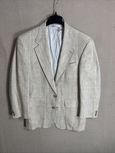 Lands End 39R 100% Silk Beige Sport Coat Mens Dobby Twill Check 2 Button - Picture 1 of 12