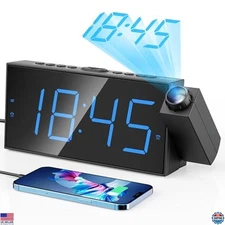Digital Projection Alarm Clock - XL LED Display, 180° Projector, USB Charging,