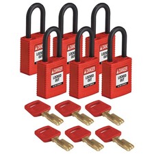 BRADY NYL-RED-38PL-KD6PK Lockout Padlock,Nylon,Red,Rectangulr,PK6 55JY05