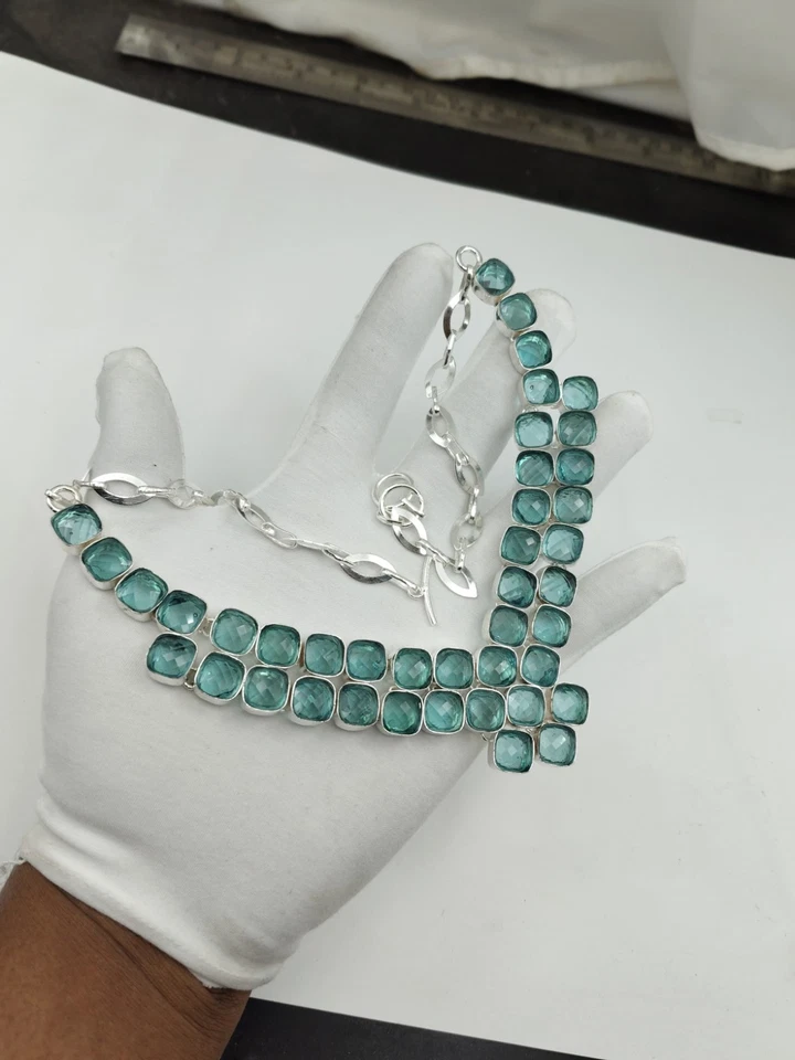 Collar de apatita hecho a mano - Piedras preciosas azules naturales chapadas en plata joyería regalo Foto 2 de 4