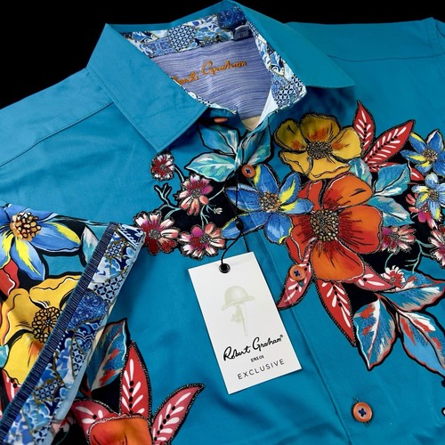 Robert Graham Exclusive Embroidered Colorful Floral Roses Short Sleeve Shirt LRG - Picture 12 of 14