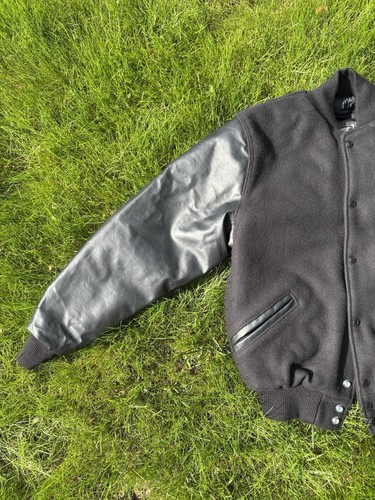 Vtg Jacket Black BOMBER Letterman Varsity Snap Wool Leather USA Rennoc Men Small - Picture 3 of 12