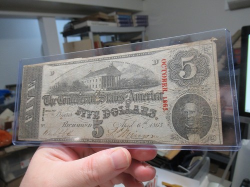1864 Konföderierte 5 $ Schein T-69 Richmond 6. April 1863 CSA Bürgerkrieg Währung - Bild 4 von 6