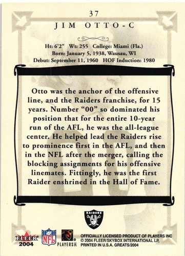 Tarjeta coleccionable de fútbol americano Fleer de Jim Otto Oakland Raiders 2004 - Imagen 2 de 4