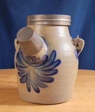 Rowe Pottery Works Batter Jug Blue Salt Glazed W/ Pour Spout Cover