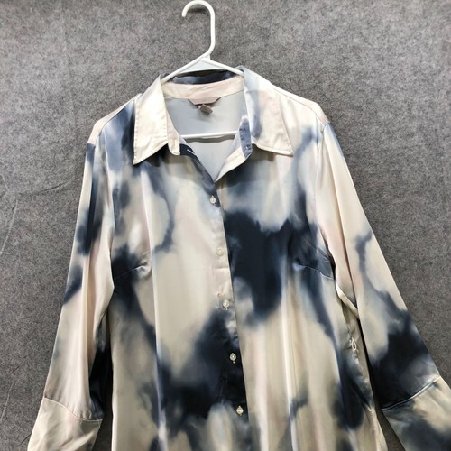 H&M Tie Dye Satin Maxi Shirt Dress Womens L Long Sleeve White Blue Silky - Picture 3 of 9