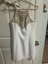 Lilly Pulitzer Women White Gold Embroidered Shift Dress Med 6 High Neck Halter