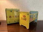 VTG J Chein Tin Litho Yellow Blue Bird Doll Furniture Set 1950s Crib & Wardrobe