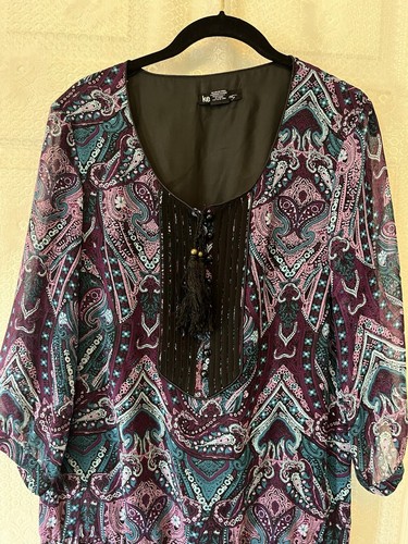 Camicetta tunica KENSIE multicolore boho nappa paisley chiffon manica lunga M - Foto 2 di 9