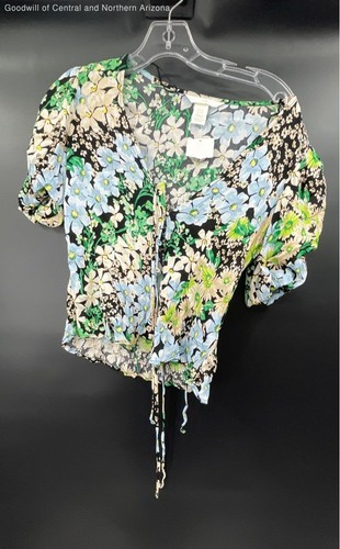 NWT H&M Multicolor Floral Tie Front Short Sleeve V-Neck Blouse Top Size XXS