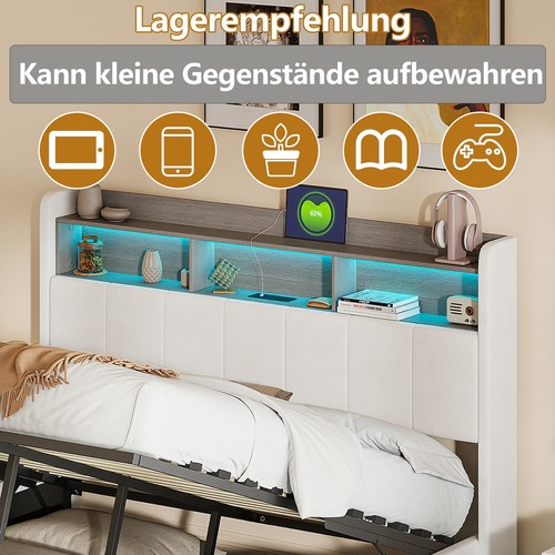 Polsterbett 160x200 Doppelbett Stauraum Samt Bettgestell mit Bettkasten LED&USB - Bild 6 von 12