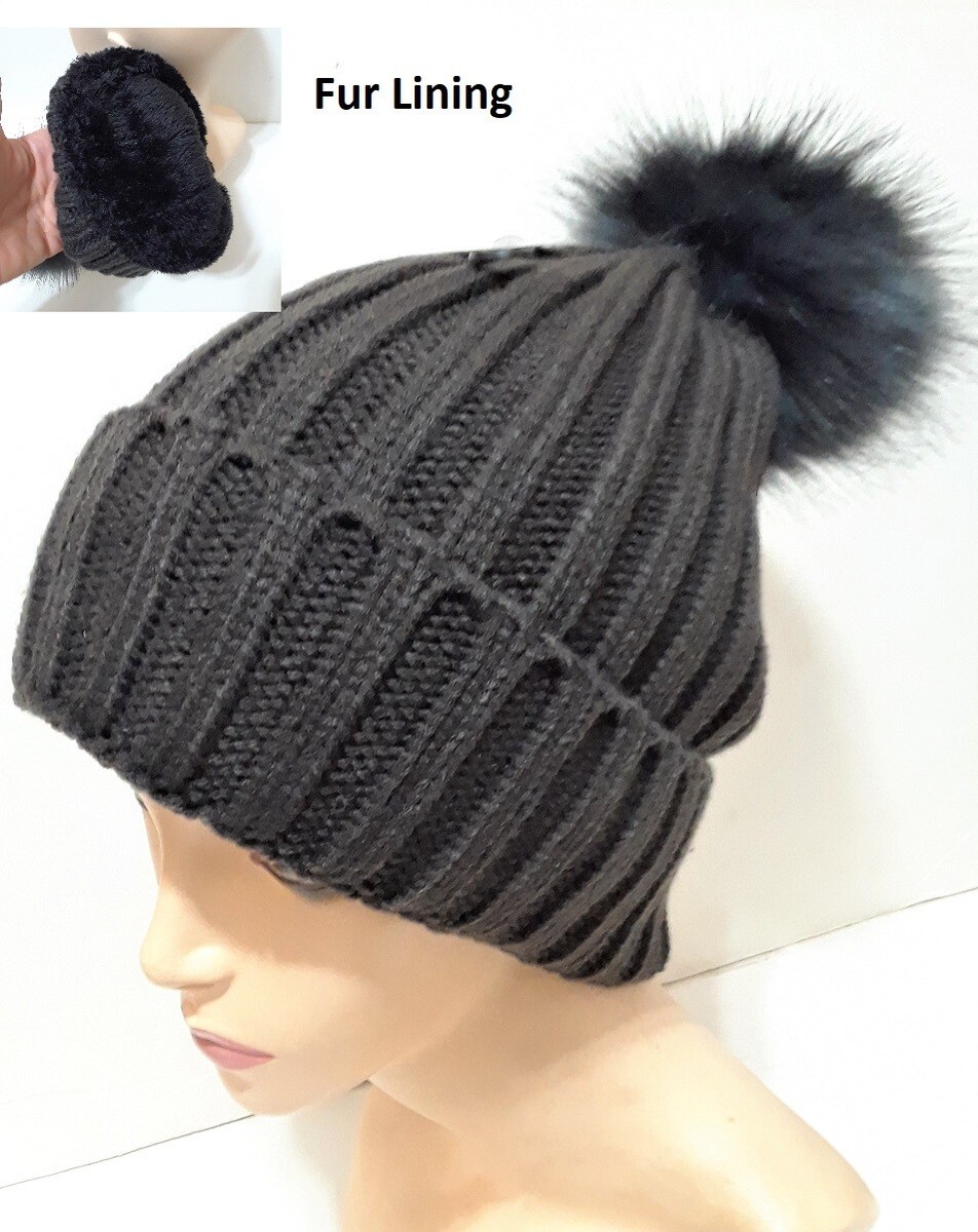 Solid Charcoal Gray Fur Lining Braid Warm Ski Winter Beanie 