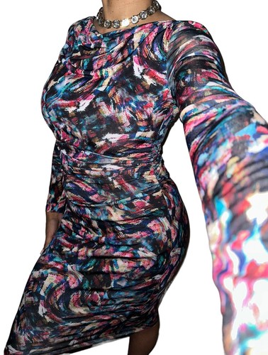 David Meister Womens Sz 2 Art Wear Watercolor Brush Ruched Zip Jersey Dress - Picture 5 of 5
