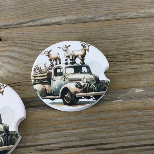 Crazy Goats Farm Truck Car Coasters Set of 2 - Picture 3 of 6