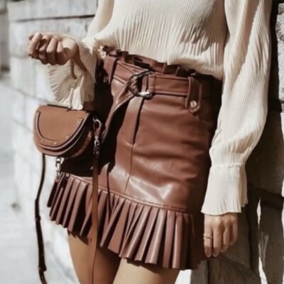 Zara Faux Leather Brown Pleat Skirt Mini Size