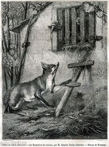 La volpe e l/'uva Passepartout.1857 Capolavoro Favole di Esopo Stampa Antica