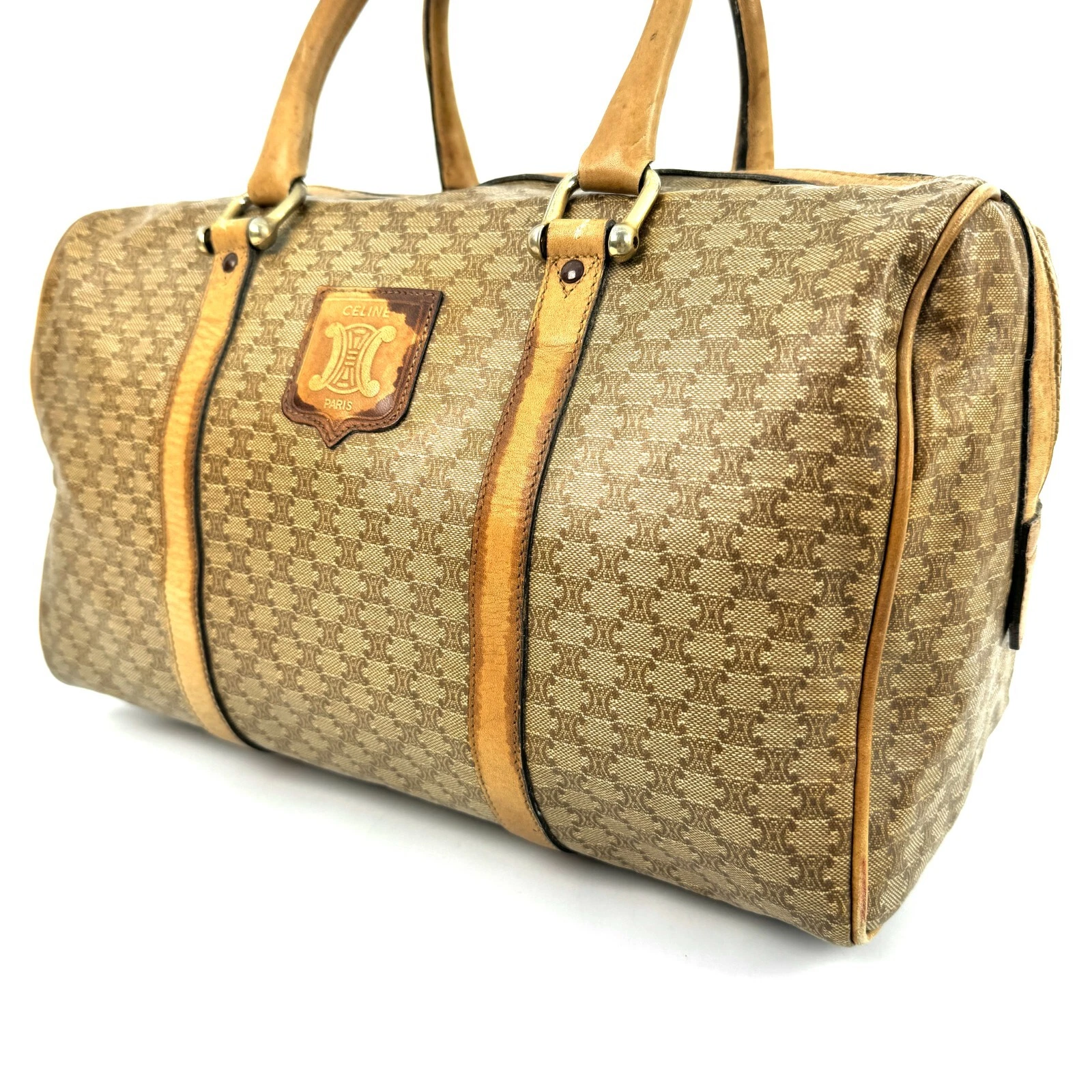 CELINE borsa Boston vintage in pelle di macadam e PVC marrone beige autentica