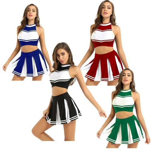 Damen Cheerleadering Kostüm Crop Top Faltenrock Karneval Party Halloween Cosplay - Picture 4 of 56