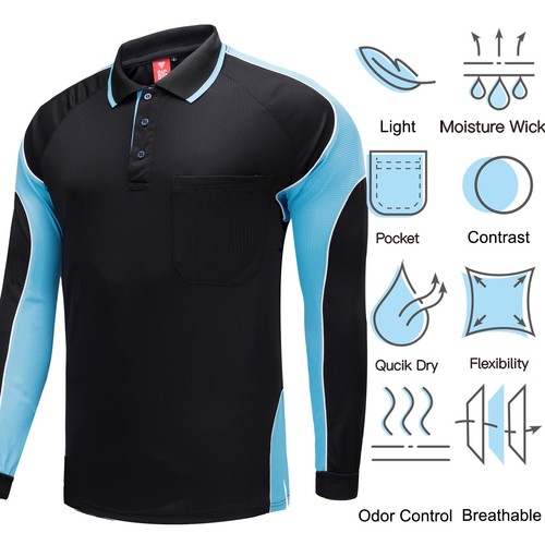 Mens Polo Shirts Long Sleeve chest pocket Black Aqua Pink Blue Office Team Golf - Picture 44 of 64