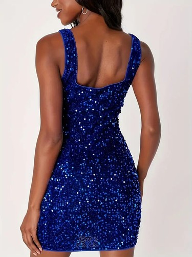NEW dark blue Solid Sequin Evening Gown Stage Dress Prom Party large 8-10 - Picture 2 of 5