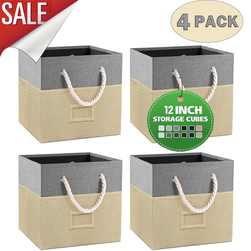 Set of 4 Storage Cube Bins - 12" Fabric Cubes w/ Handles, Foldable Organizers