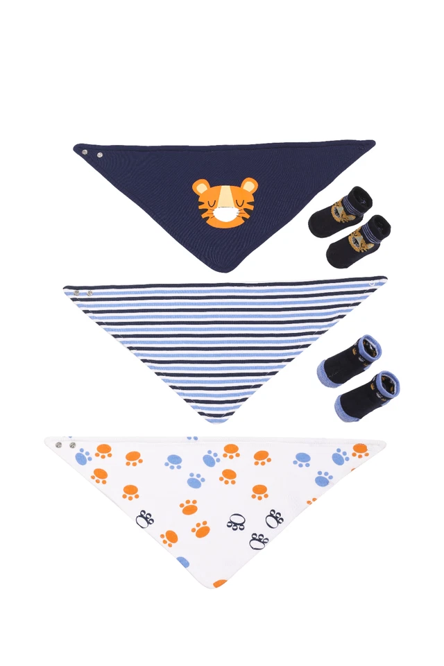 Conjunto de 3 babadores e meias para bebês - Design tigre marinho, babadores macios + 2 meias - Imagem 2 de 2