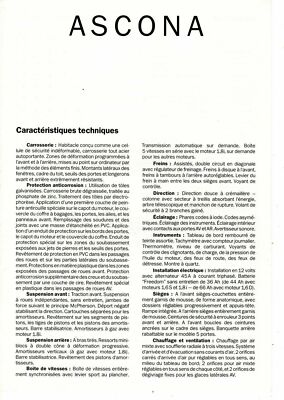 Opel Ascona Technical Characteristics French Car Brochure 1984  3186E