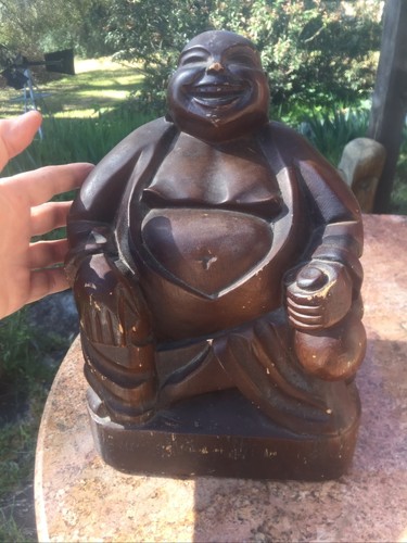 Buddha Walnut Wood Sitting Laughing Fun Look Statue Estate Vintage Solid Old Big - Picture 8 of 12