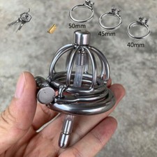 Male Stainless Steel Sissy Chastity Cage Ring with Tube Anti-off Spiked Device