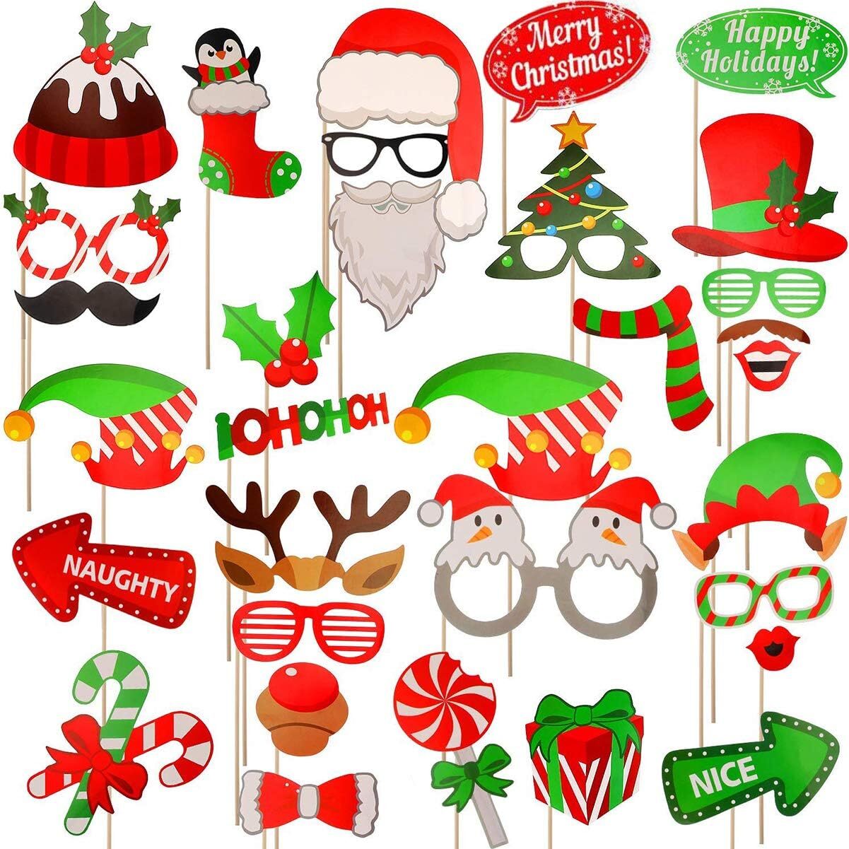 Christmas Photo Booth Props 32Pcs（Upgraded Version）, Merry Red