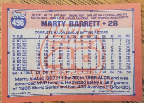 Carta Baseball Marty Barrett Boston Red Sox 1991 Topps #496 MT - Foto 2 di 2