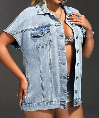 Damen einfarbig blau ärmellos geknöpft Jeansjacke Größe 18