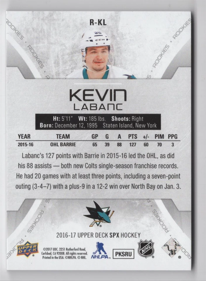 2016-17 SPx Rookies Kevin Labanc /399 San Jose Sharks #R-KL - Image 2 of 2
