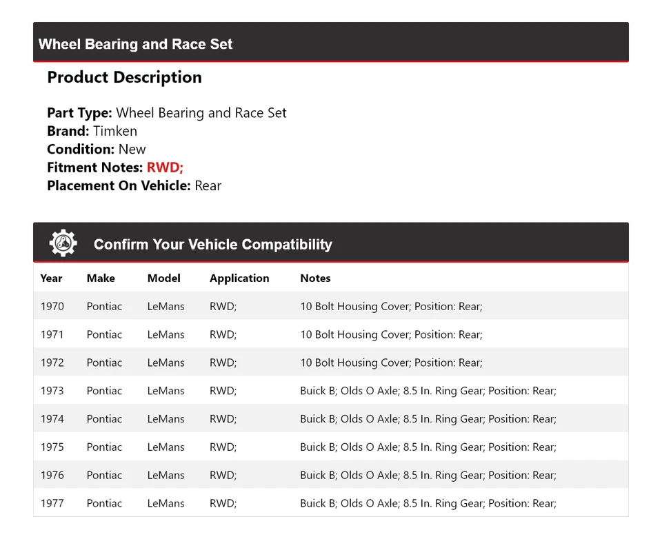 Juego de cojinetes de rueda y carreras trasero Timken 1971 para Pontiac LeMans 1970-1977 tracción trasera Foto 2 de 4