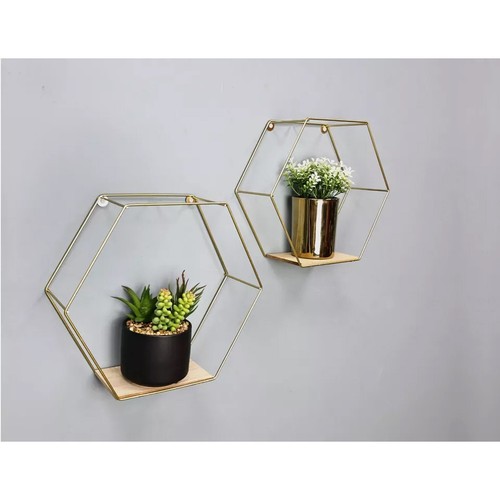 Set of 2 Wall Shelf Hexagonal Gold & Black Metal Wire Shelves For Home Decor UK - Picture 3 of 8